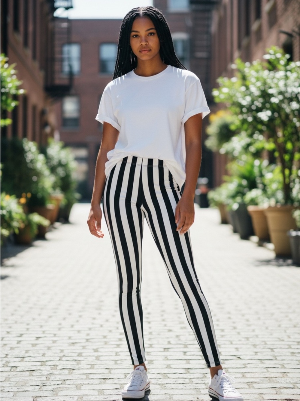 Blackmilk Black & White Vertical Stripe High-Rise Leggings